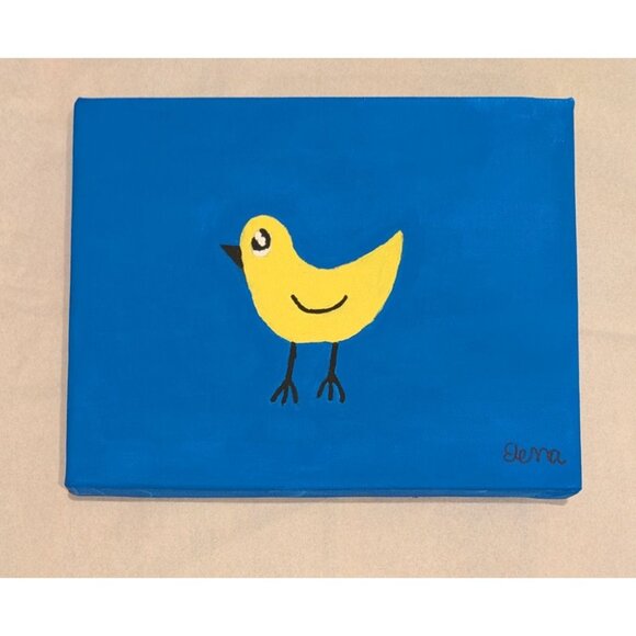 Yellow Bird Painting on Blue Canvas by Elena Mernoff 8x10 - Picture 1 of 10